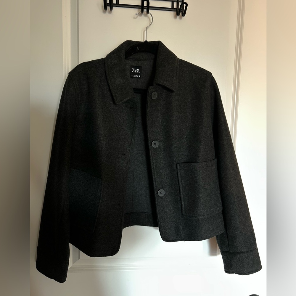 Zara Dark Charcoal Cropped Wool-Blend Jacket
